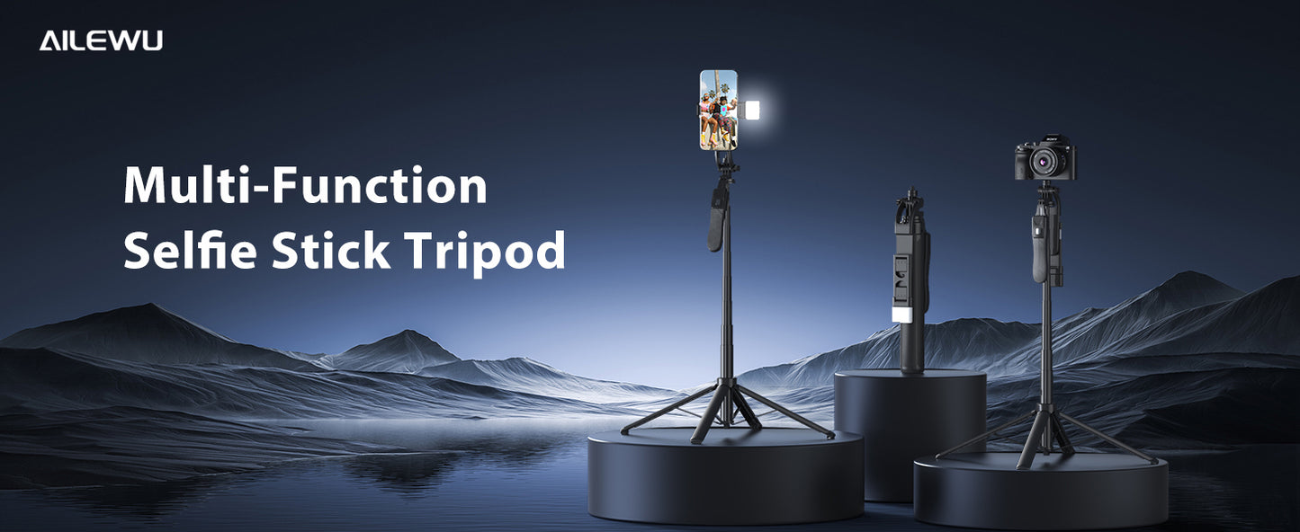 Tripod Stand for Phone, 360° Rotatable Handle, Rechargeable Fill Light & BT Remote.