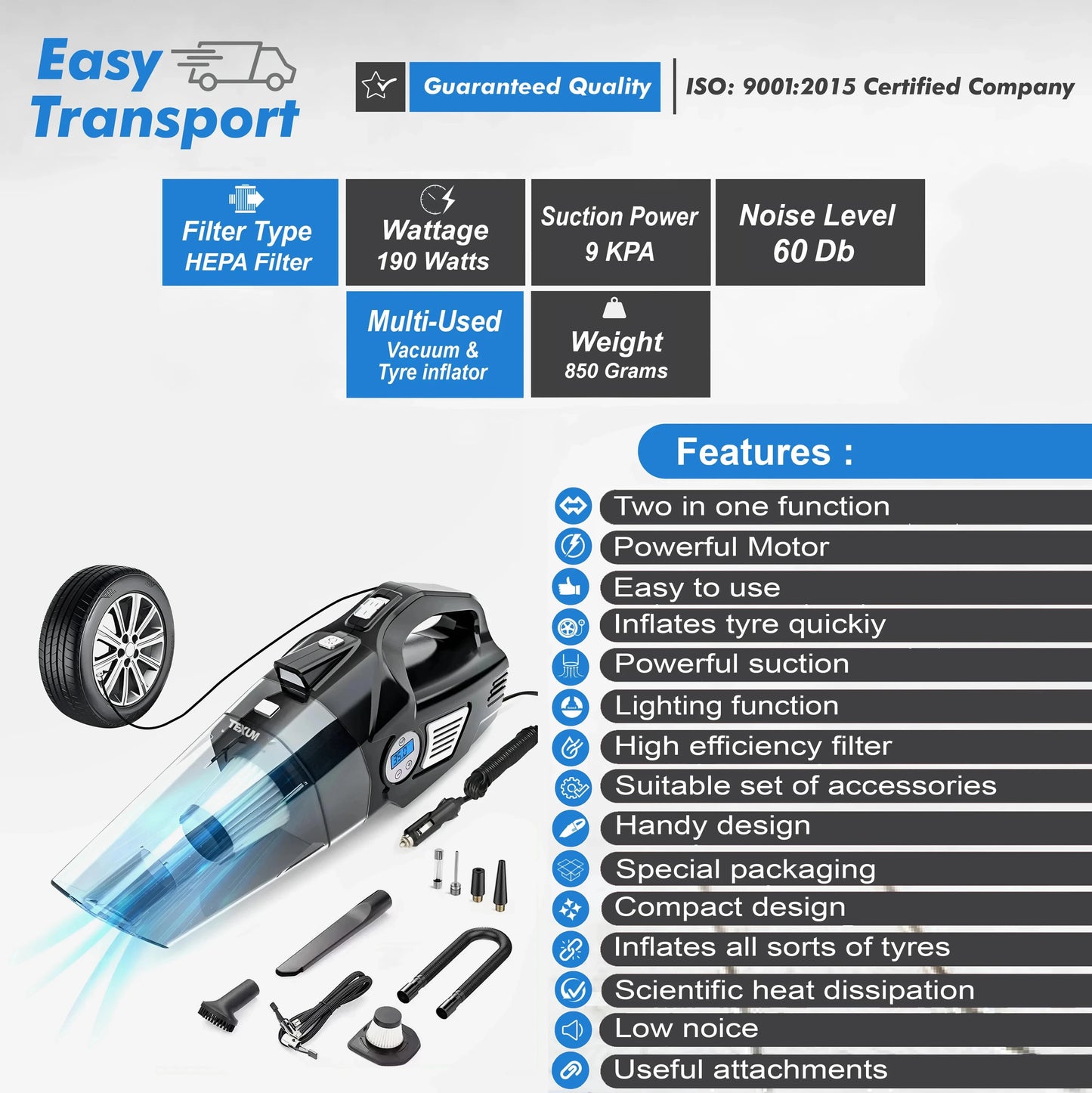 Texum TVC-A300 2 in 1 | Tyre Inflator High Power 9 KPA Handheld Car Vacuum Cleaner with Anti-Bacterial Cleaning (Black)