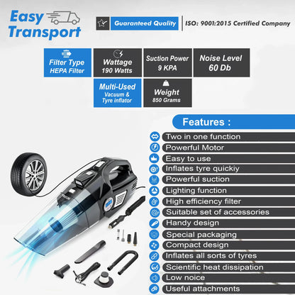 Texum TVC-A300 2 in 1 | Tyre Inflator High Power 9 KPA Handheld Car Vacuum Cleaner with Anti-Bacterial Cleaning (Black)