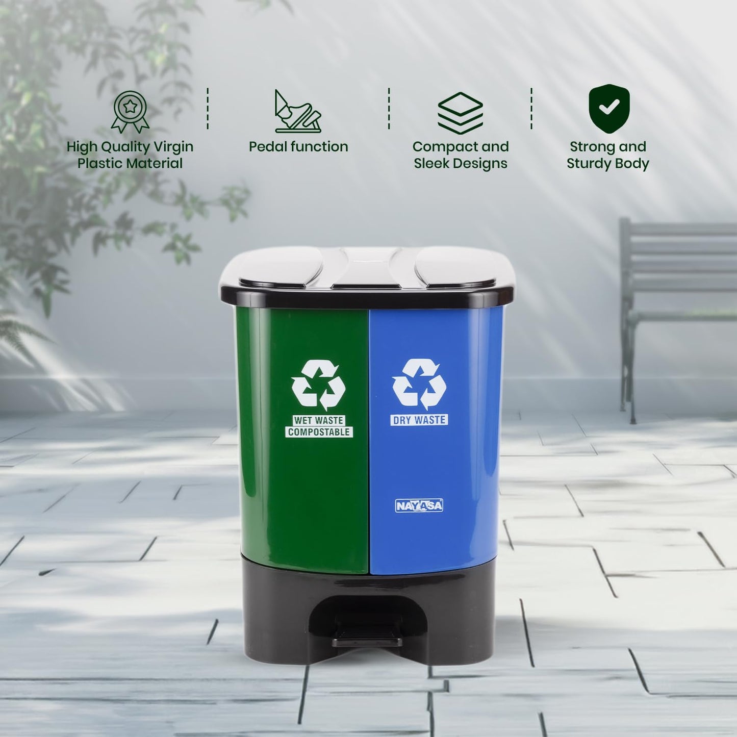 Dual Compartment Wet & Dry Waste Bin with Detachable Inner Bins
