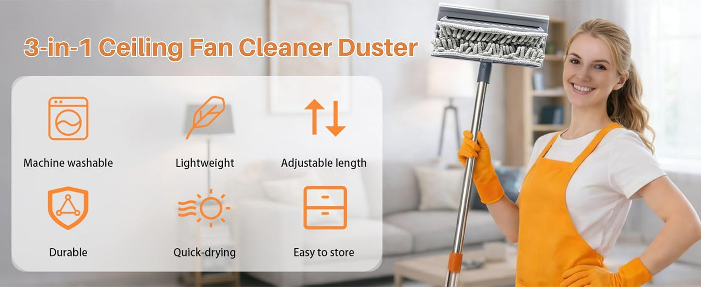 Febzona Fan Cleaning mop with Extendable Long Rod 3-in-1 Ceiling Fan Cleaner Brush Microfiber Duster for Home Cleaning Essentials Spider Web Wall Roof Dust Remover Design Registerd IPI