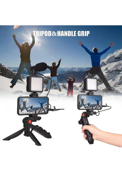 Vlogging Kit 6 in 1 for iPhone, Android (with Tripod), LED, Cardioid Microphone