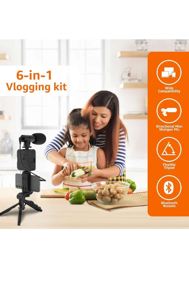 Vlogging Kit 6 in 1 for iPhone, Android (with Tripod), LED, Cardioid Microphone