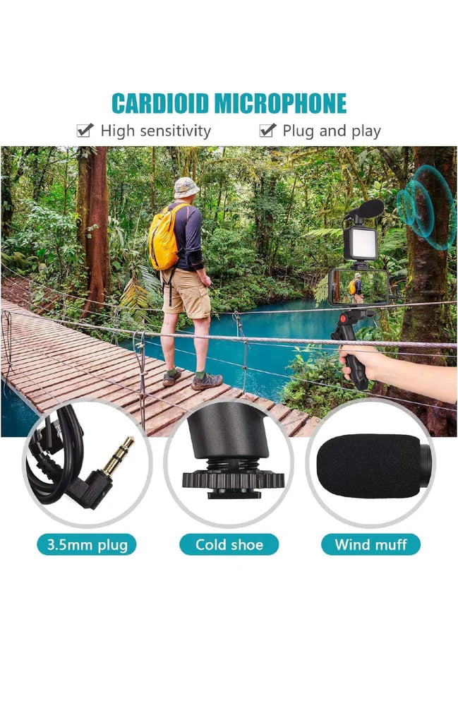 Vlogging Kit 6 in 1 for iPhone, Android (with Tripod), LED, Cardioid Microphone